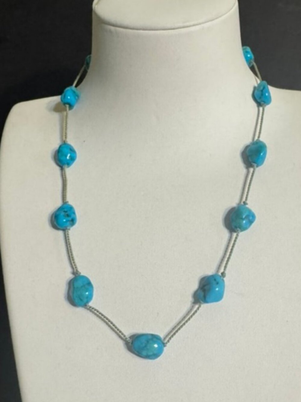 Vintage Turquoise Nugget Necklace -Woven Cord & Knot Spacing- 16 " Choker EUC